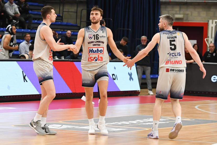 Limburg's Jarne Lesuisse, Limburg's Wout Leemans and Limburg's Quentin Serron celebrate during a basketball match between Limburg United and Spirou Charleroi, Wednesday 12 March 2025 in Hasselt, on day 25 of the 'BNXT League' first division basket championship. BELGA PHOTO JILL DELSAUX