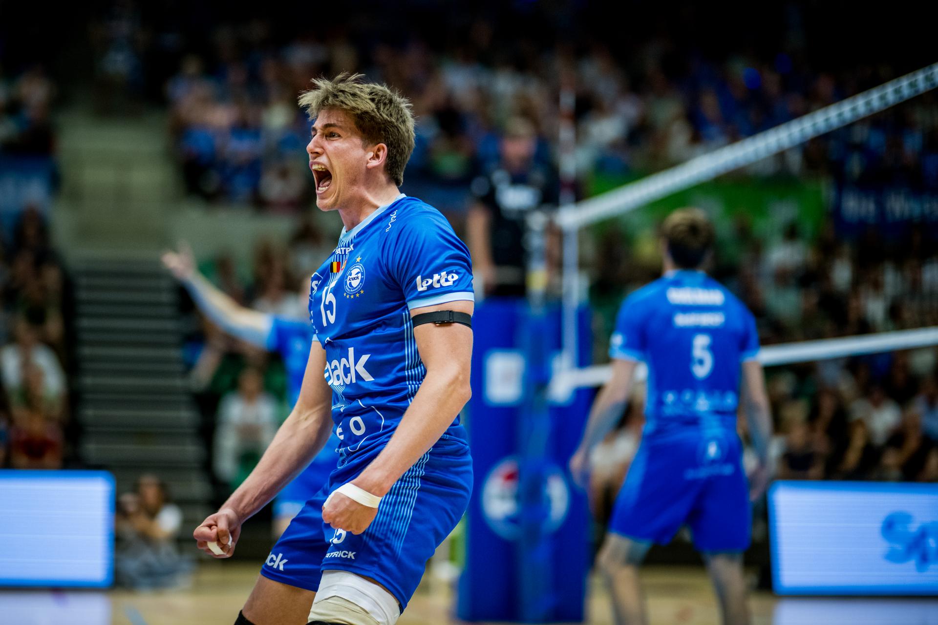 Roeselare's Basil Dermaux celebrates after winning the match between Haasrode Leuven and Roeselare, a Play-off Final (4th game, best-of-5) game in the Lotto Volley League Men, Tuesday 13 May 2025 in Leuven. BELGA PHOTO JASPER JACOBS