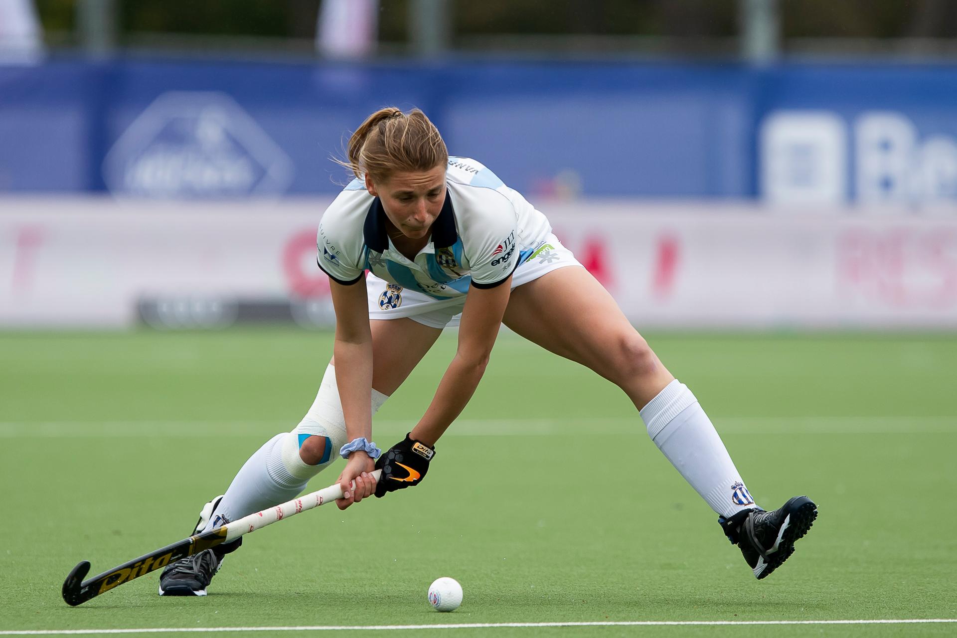 Gantoise's Stephanie Vanden Borre pictured in action during a women hockey game between Gantoise and Dragons, the women first leg of the final of the play-offs of the Belgian first division hockey championship, Saturday 08 May 2021 in Antwerp. BELGA PHOTO KRISTOF VAN ACCOM