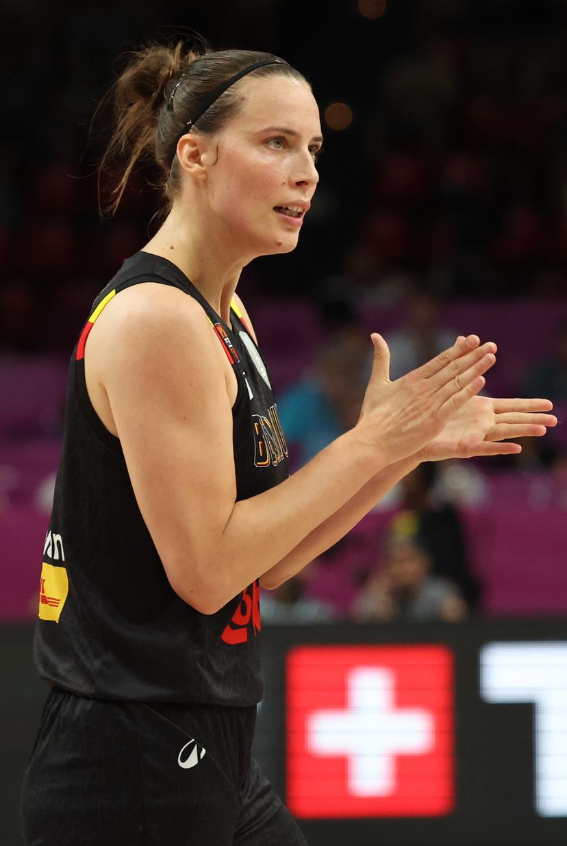 Belgium's Antonia Delaere gestures during a basketball match between Spain and Belgian national team 'the Belgian Cats' on Sunday 29 June 2025 in Piraeus, Greece, the final of the FIBA Women's EuroBasket 2025. BELGA PHOTO VIRGINIE LEFOUR