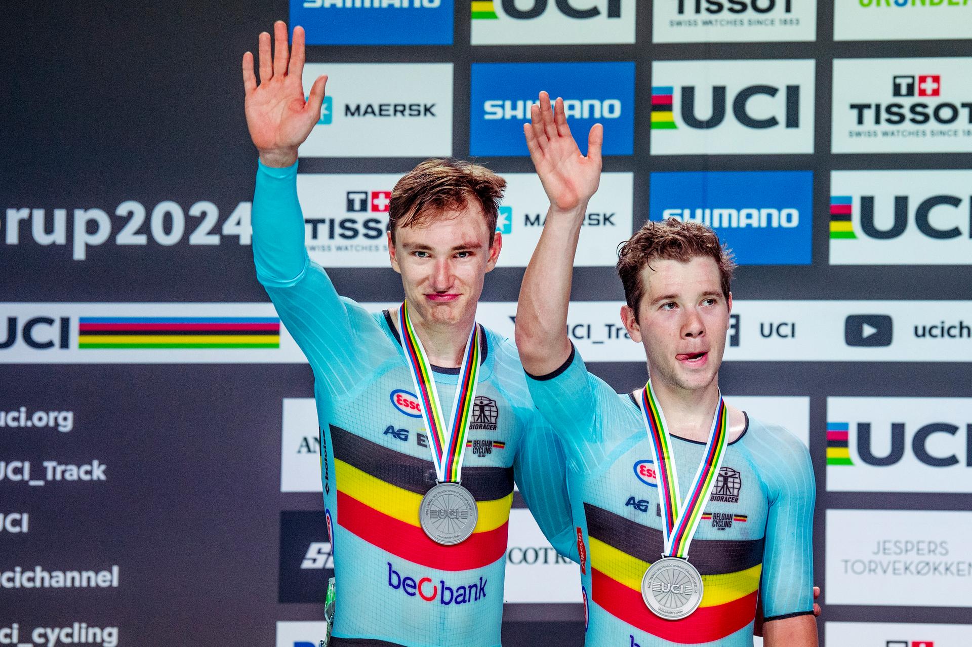 241020 Lindsay de Vylder of Belgium and Fabio van den Bossche of Belgium celebrates after Men's Madison during day 5 of the 2024 UCI Tissot Track Cycling World Championships on October 20, 2024 in Ballerup.  Photo: Christian Örnberg / BILDBYRÅN / COP 166 / CO0482 cykling cycling sykling cykel vm cykel2024 uci tissot track cycling world championships wc 2024 uci tissot track cycling world championships 5 bbeng grappa33 jubel BENELUX ONLY