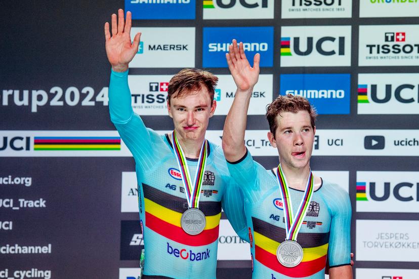 241020 Lindsay de Vylder of Belgium and Fabio van den Bossche of Belgium celebrates after Men's Madison during day 5 of the 2024 UCI Tissot Track Cycling World Championships on October 20, 2024 in Ballerup.  Photo: Christian Örnberg / BILDBYRÅN / COP 166 / CO0482 cykling cycling sykling cykel vm cykel2024 uci tissot track cycling world championships wc 2024 uci tissot track cycling world championships 5 bbeng grappa33 jubel BENELUX ONLY