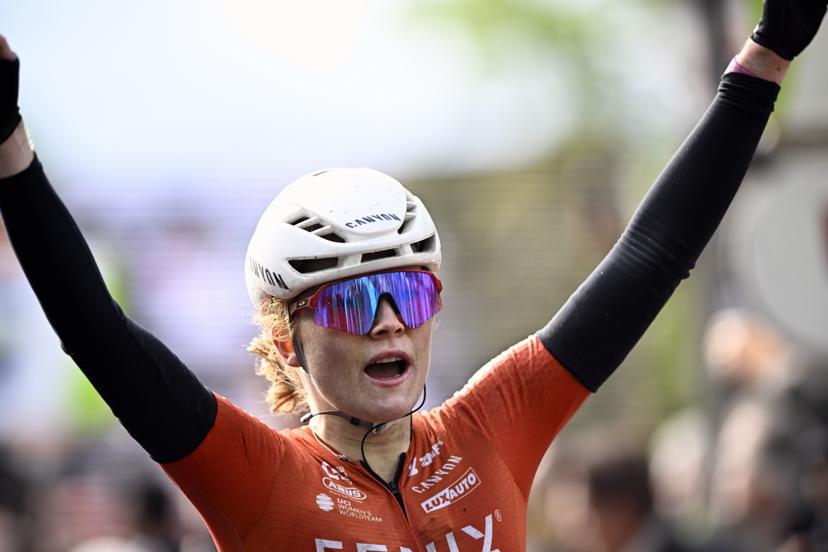 Dutch Puck Pieterse of Fenix-Deceuninck celebrates after winning the women's race of the 'La Fleche Wallonne', one day cycling race (Waalse Pijl - Walloon Arrow), 140,7 km from Ciney to Huy, Wednesday 23 April 2025. BELGA PHOTO JASPER JACOBS