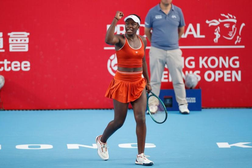 Victoria Mboko of Canada reacts to a point to Spain's Cristina Bucsa during the women's singles final of the Hong Kong Tennis Open in Hong Kong on November 2, 2025.   May JAMES / AFP