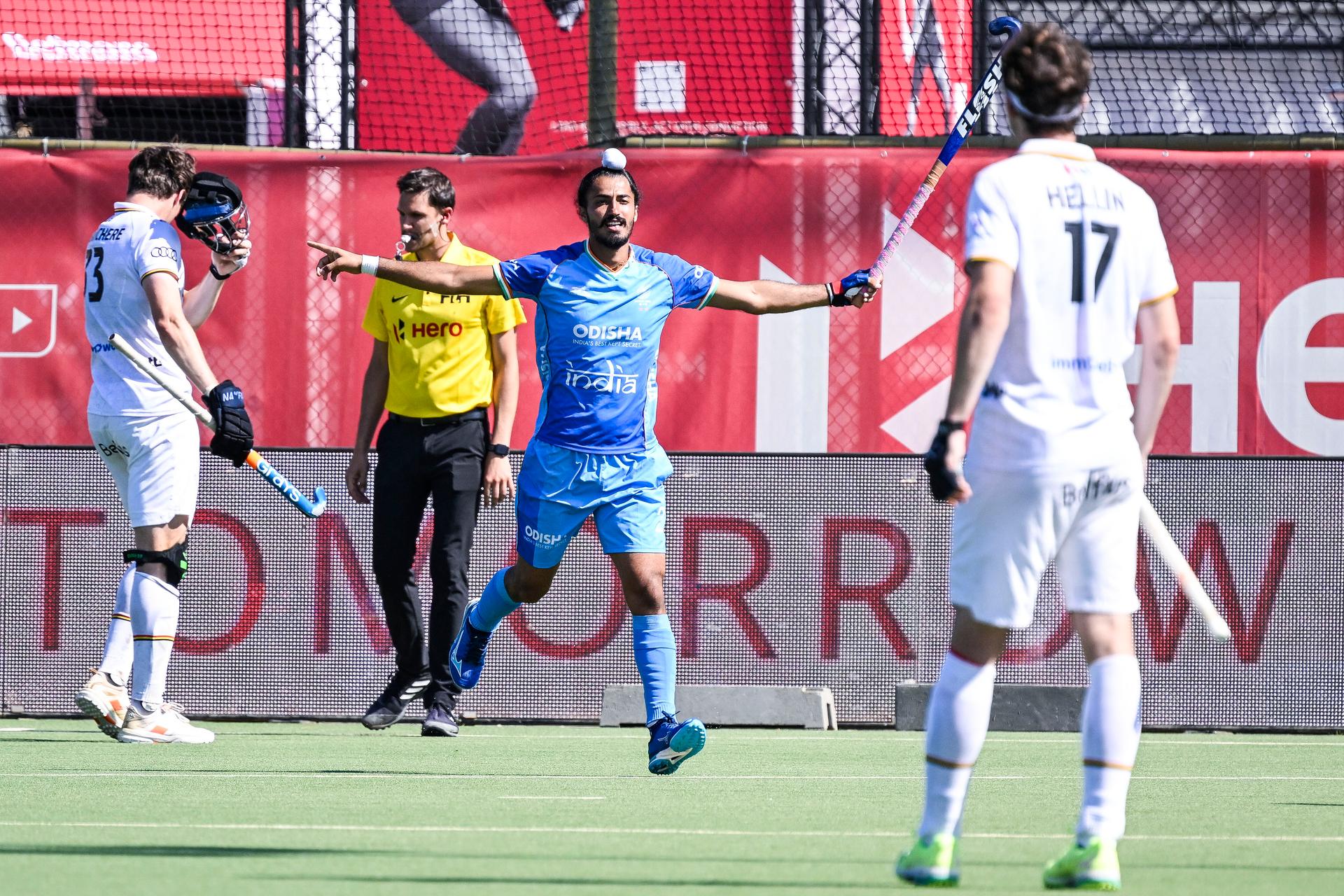 India's Dilpreet Singh celebrates after scoring during a hockey game between Belgian national team Red Lions and India, match 13/16 in the group stage of the 2025 Men's FIH Pro League, Saturday 21 June 2025 in Antwerp. BELGA PHOTO TOM GOYVAERTS