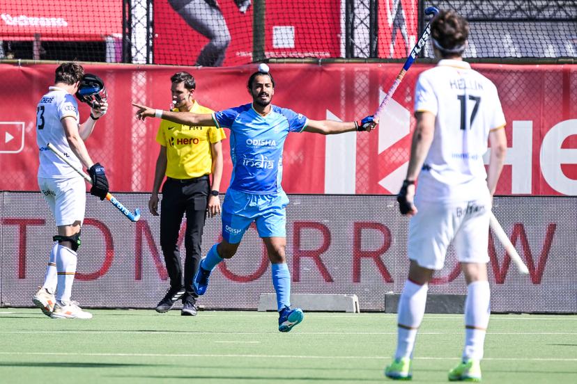 India's Dilpreet Singh celebrates after scoring during a hockey game between Belgian national team Red Lions and India, match 13/16 in the group stage of the 2025 Men's FIH Pro League, Saturday 21 June 2025 in Antwerp. BELGA PHOTO TOM GOYVAERTS