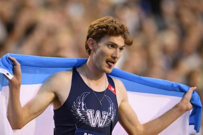 Luxembourg's Ruben Querinjean celebrates after winning the Men's 3000m Steeplechase event of the Diamond League athletics meeting at the King Baudouin Stadium in Brussels on August 22, 2025.  JOHN THYS / AFP