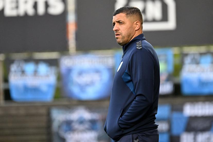 Francs Borains' head coach Karim Belhocine pictured during a soccer game between Club NXT and Royal Francs Borains, Friday 18 April 2025 in Roeselare, on the 30th and last day of the 2024-2025 'Challenger Pro League' 1B second division of the Belgian championship. BELGA PHOTO MAARTEN STRAETEMANS