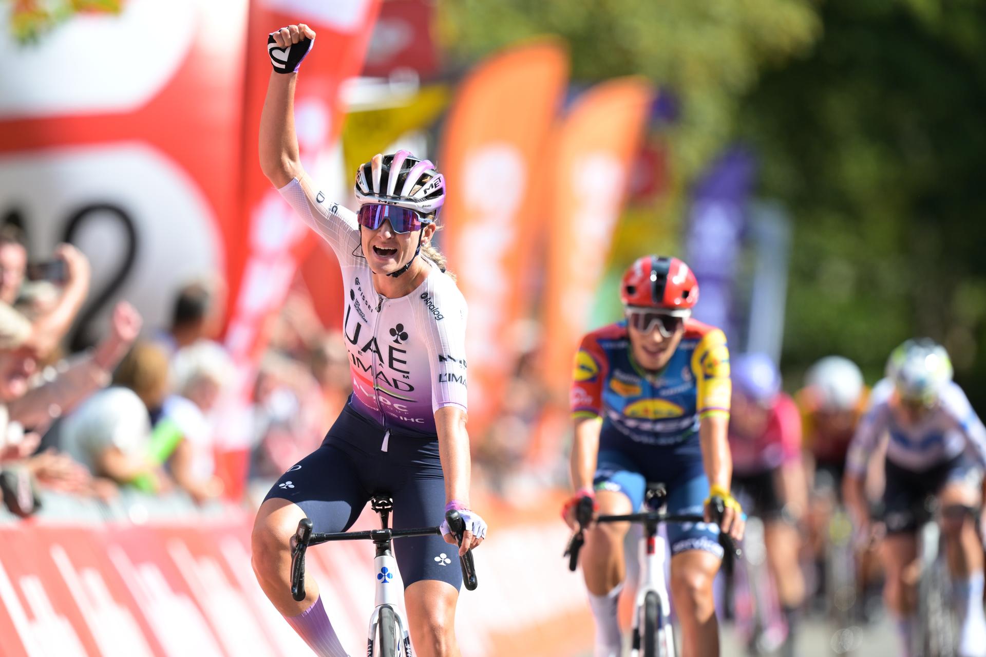 Dutch Karlijn Swinkels of UAE Team ADQ celebrates as she crosses the finish line to win the one day cycling race Grand Prix de Wallonie 2026 (127,5 km), in Namur, on Wednesday 16 September 2026.  BELGA PHOTO DAVID PINTENS