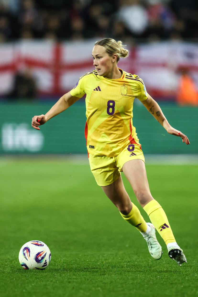 Belgium's Feli Felice Delacauw pictured in action during a soccer game between the national teams of Belgium (Red Flames) and England, on the fourth matchday in group A3 of the 2024-25 Women's Nations League competition, on Tuesday 08 April 2025 in Heverlee, Leuven. BELGA PHOTO BRUNO FAHY