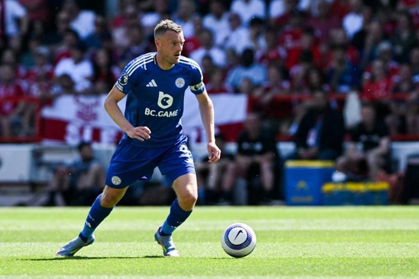 Leicester City's English striker #09 Jamie Vardy controls the ball during the English Premier League football match between Nottingham Forest and Leicester City at The City Ground in Nottingham, central England, on May 11, 2025.  JUSTIN TALLIS / AFP