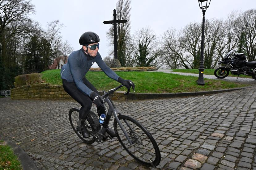 Israel-Premier Tech sports director Sep Vanmarcke on the Muur of Geraardsbergen during the reconnaissance of the track of this weekend's one-day cycling race Omloop Het Nieuwsblad, Thursday 22 February 2024. BELGA PHOTO DIRK WAEM