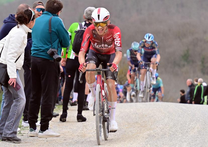 Italian Simone  Gualdi of Lotto Intermarche pictured in action during the men elite 'Strade Bianche' one day cycling race, 203km from and to Siena, Italy on Saturday 07 March 2026. BELGA PHOTO DIRK WAEM