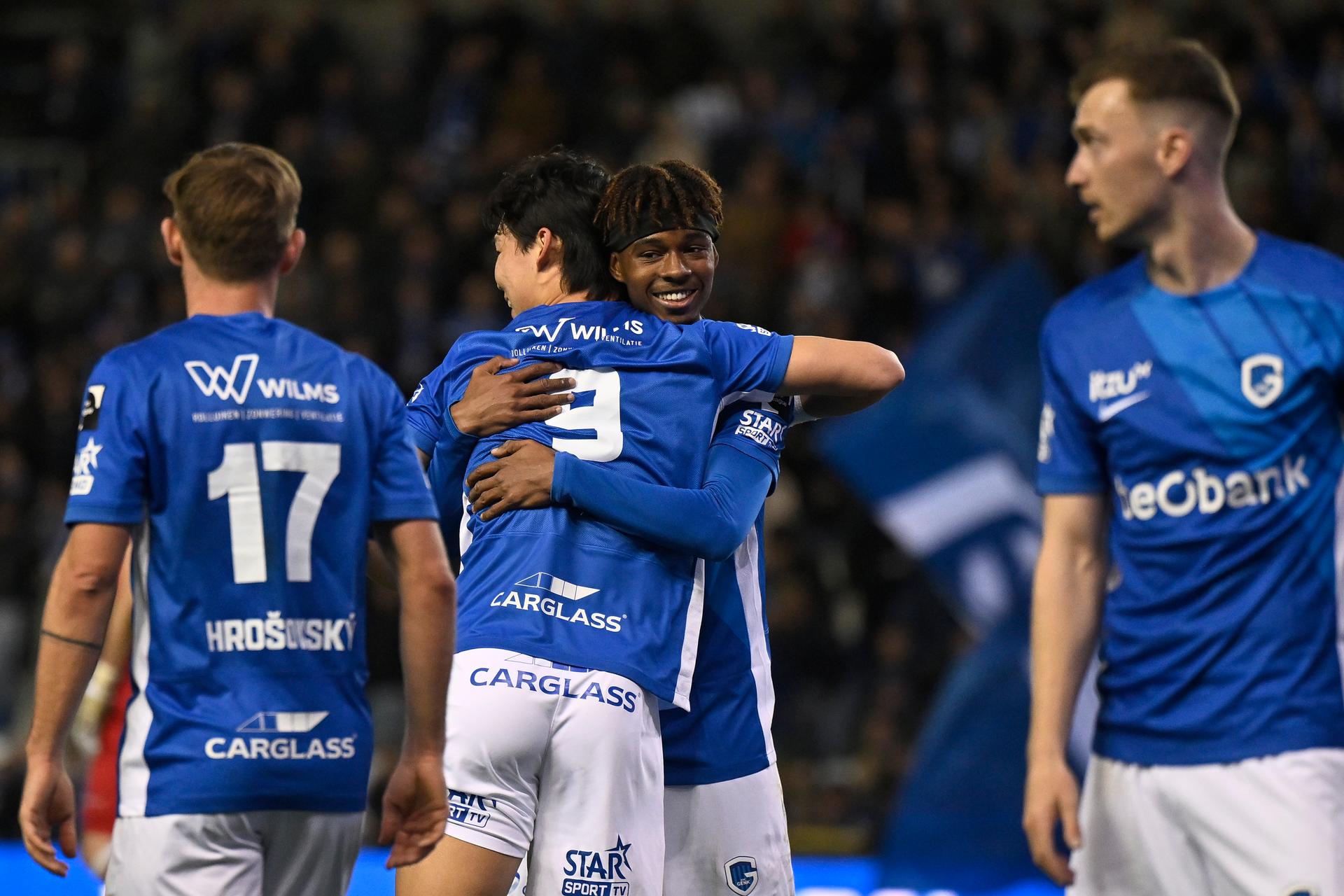 Genk's Hyon-Gyu Oh and Genk's Noah Adedeji-Sternberg celebrate after scoring during a soccer match between KRC Genk and KAA Gent, Sunday 30 March 2025 in Gent, on day 1 (out of 10) of the Champions' Play-offs of the 2024-2025 'Jupiler Pro League' first division of the Belgian championship. BELGA PHOTO JOHAN EYCKENS