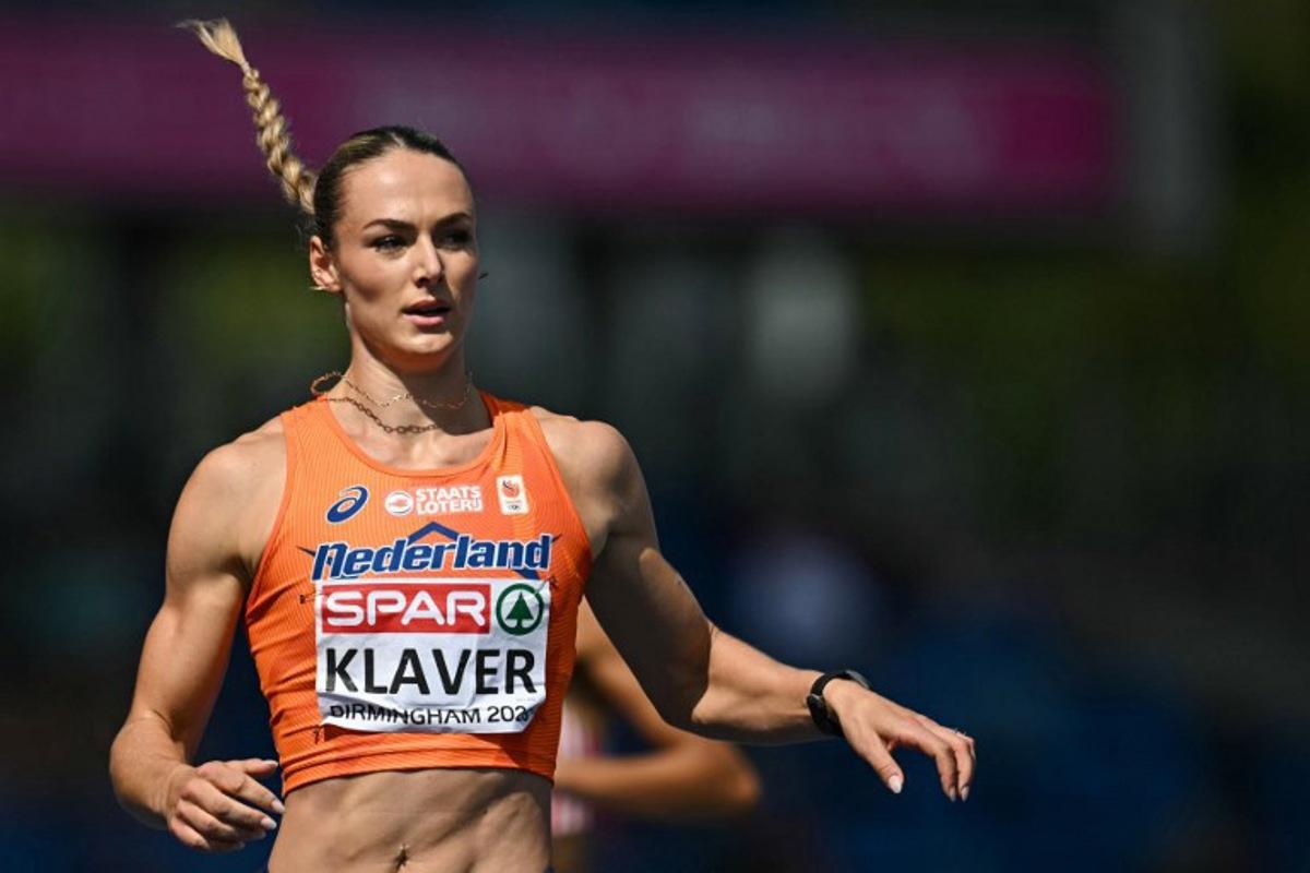First-placed Netherlands' Lieke Klaver reacts as she crosses the finish line in the women's 400m semi-final 1 during the European Athletics Championships at Alexander Stadium in Birmingham on August 13, 2026.  Paul ELLIS / AFP