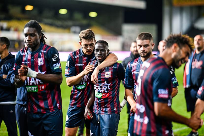 Liege's Reno Wilmots and Liege's Oumar Diouf celebrate after winning a soccer game between KSC Lokeren and RFC Liege, Saturday 23 August 2025 in Beveren, on day 3 of the 2025-2026 'Challenger Pro League' 1B second division of the Belgian championship. BELGA PHOTO TOM GOYVAERTS