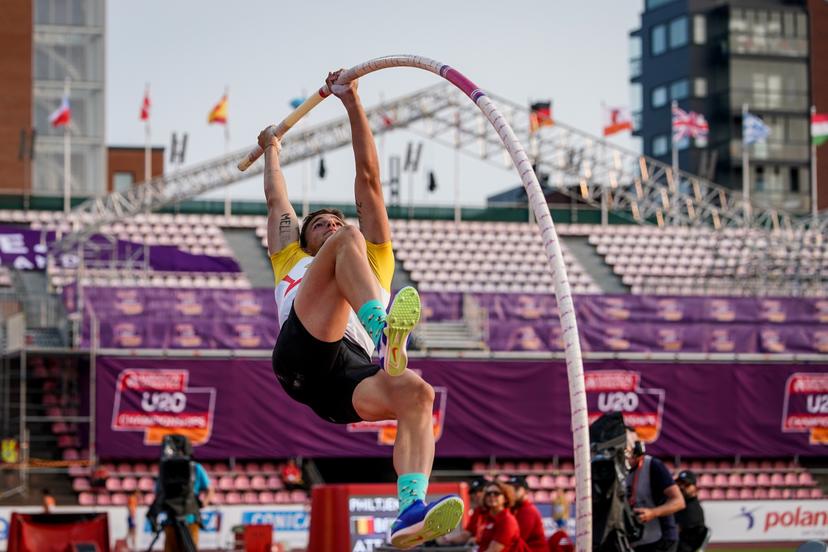Ylio Philtjens pictured in action during the Pole Vault competition of the European Athletics U20 Championships, in Tampere, Finland, Saturday 09 August 2025. The European U20 championships take place from 07 to 10 August.  BELGA PHOTO COEN SCHILDERMAN