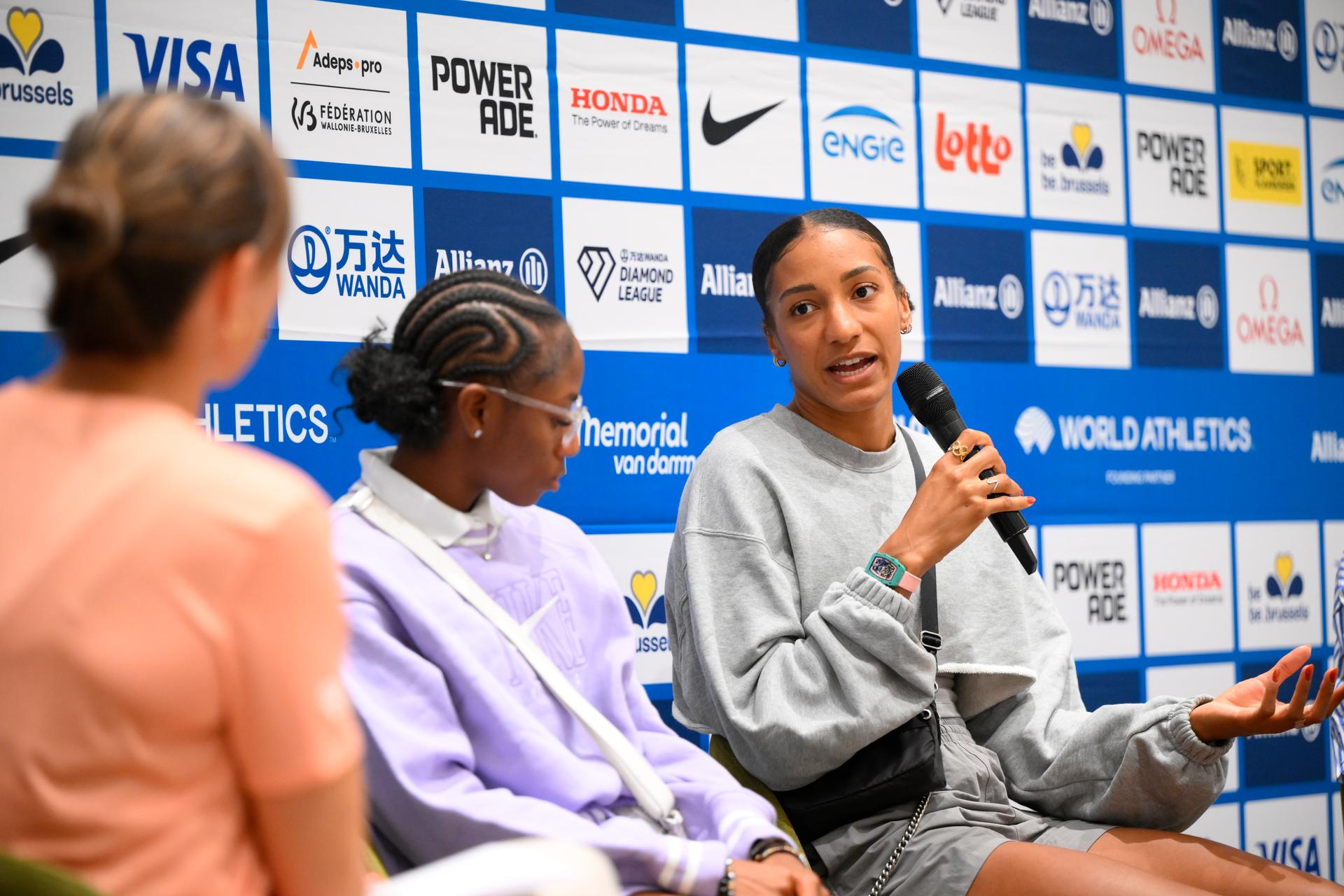 Belgian athlete Nafissatou 'Nafi' Thiam talks during a press conference on the 49th edition of the Memorial Van Damme athletics event in Brussels, Thursday 21 August 2025. The 2025 Allianz Memorial Van Damme Diamond League meeting takes place on 22 Augustus 2025. BELGA PHOTO JOHN THYS