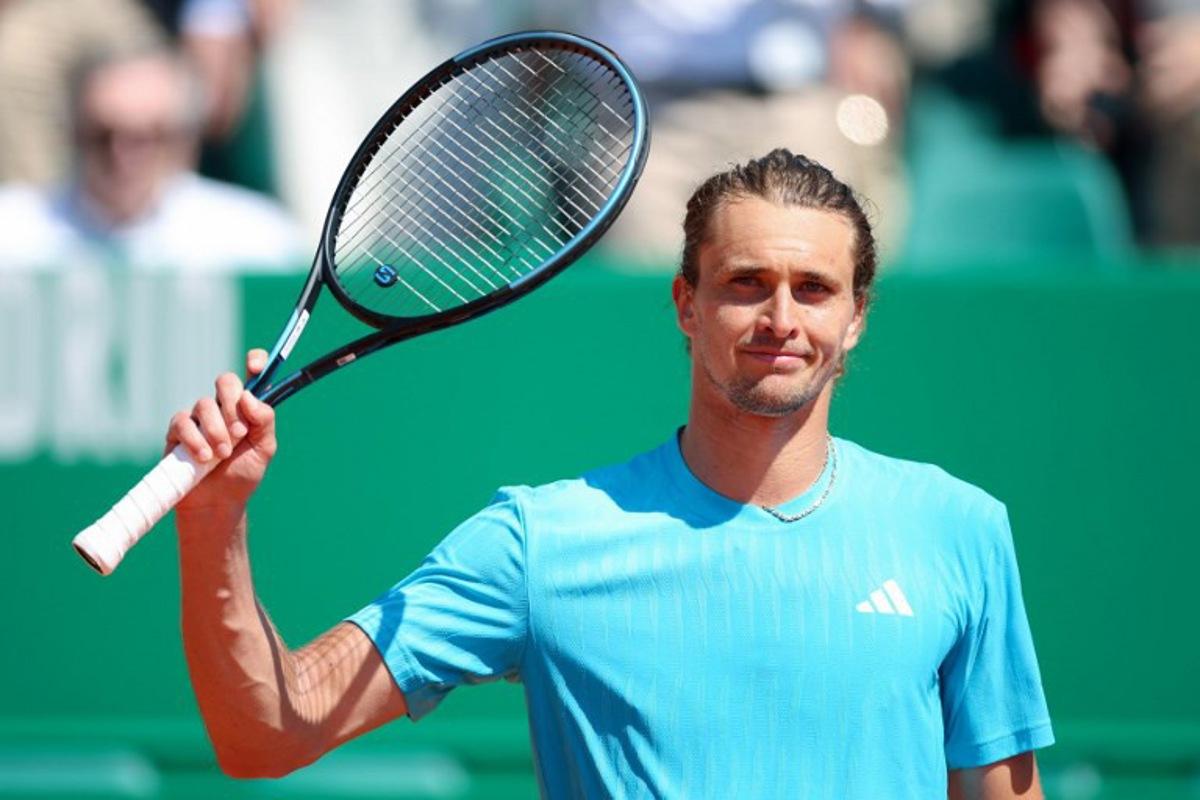 Germany's Alexander Zverev celebrates after his victory over Belgium's Zizou Bergs during their Monte Carlo ATP Masters Series Tournament round of 16 tennis match on Court Rainier III at the Monte-Carlo Country Club in Roquebrune-Cap-Martin, south-eastern France on April 9, 2026.  Valery HACHE / AFP