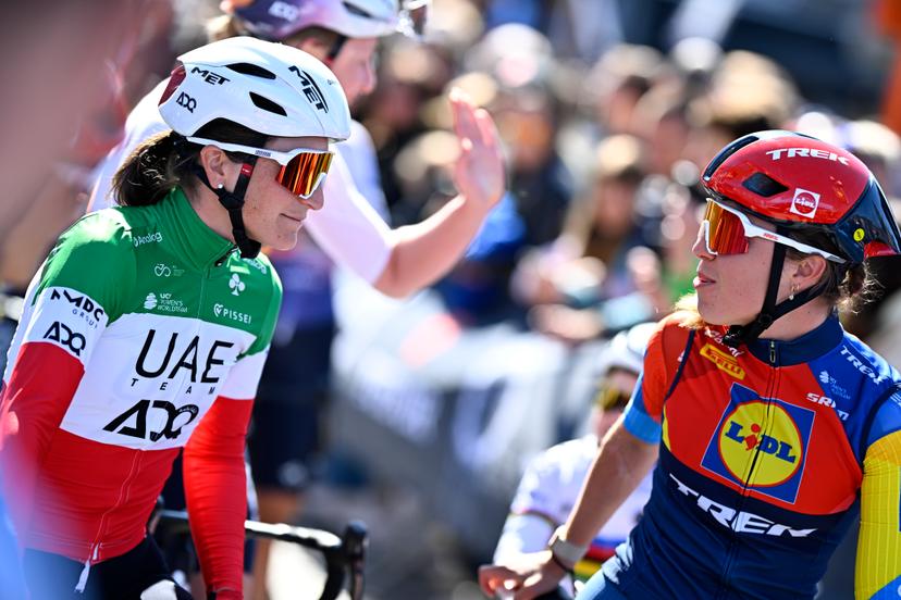 Italian Elisa Longo Borghini of UAE Team ADQ and Dutch Shirin Van Anrooij of Lidl-Trek pictured at the start of the women's race of the 'Ronde van Vlaanderen/ Tour des Flandres/ Tour of Flanders' one day cycling race, 168,8km with start and finish in Oudenaarde, Sunday 06 April 2025. BELGA PHOTO JASPER JACOBS