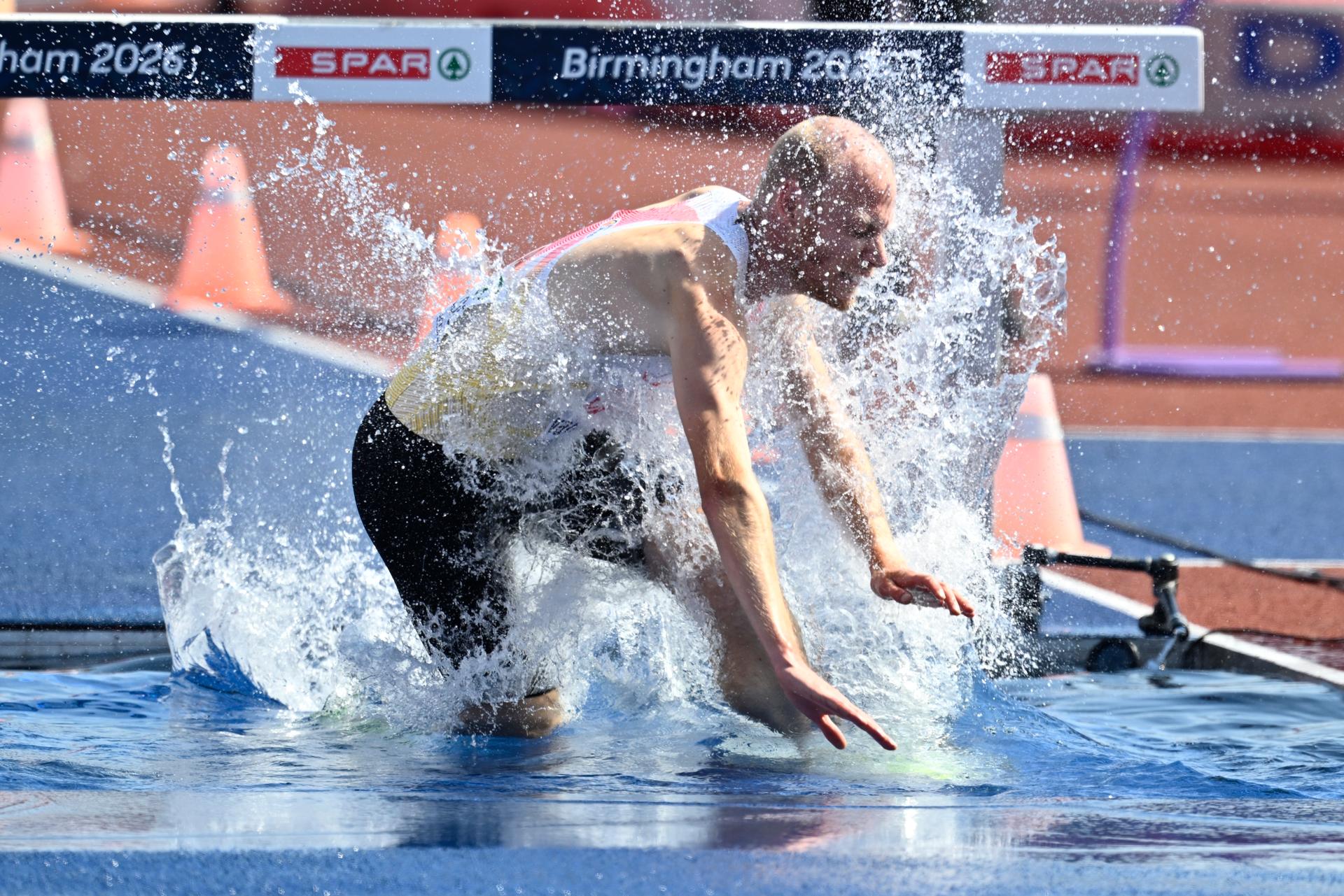 Belgian Tim Van De Velde pictured in action during the men's 3000m steeplechase, at on the fourth day of the European Athletics Championships (August 10-18) in Birmingham, United Kingdom, on Thursday 13 August 2026. BELGA PHOTO ERIC LALMAND