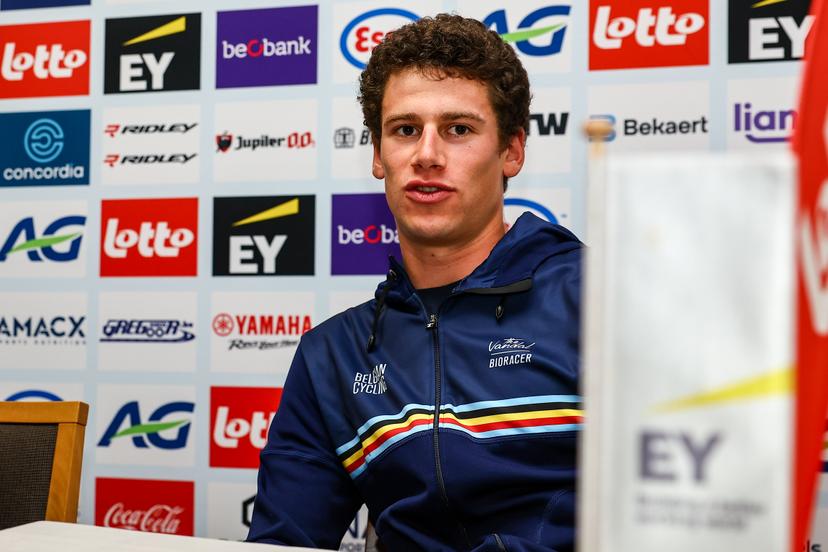 Belgian Alec Segaert pictured during a press conference ahead of the start of the UEC road European cycling championships, Tuesday 30 September 2025, in Loriol-sur-Drome, France. The European cycling championships take place from 1 to 5 October in Drome and Ardeche, France. BELGA PHOTO DAVID PINTENS