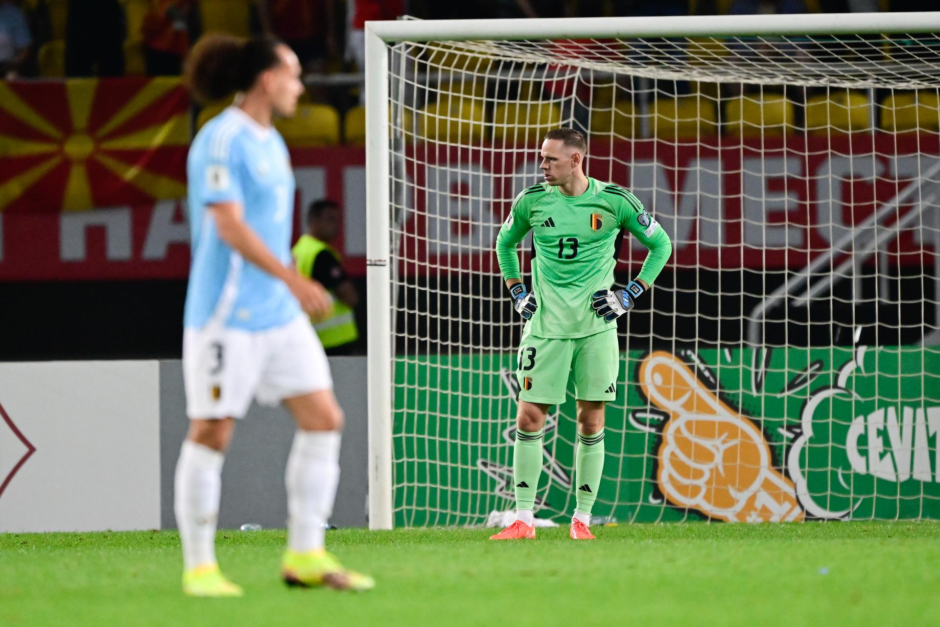 Belgium's goalkeeper Matz Sels looks dejected during a soccer game between North Macedonia and Belgian national team Red Devils, Friday 06 June 2025 in Skopje, the first (out of 8) qualification games for the World Cup 2026. BELGA PHOTO DIRK WAEM
