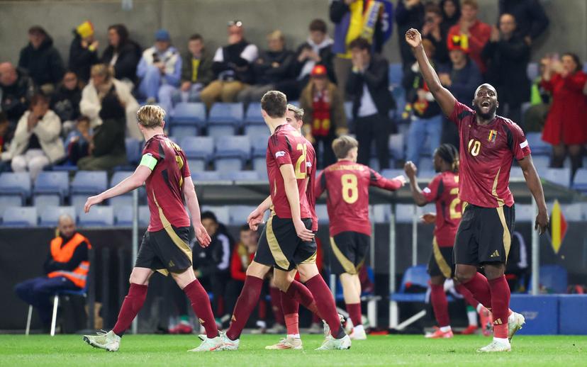 Belgium's Romelu Lukaku celebrates after scoring during a soccer game between Belgian national team the Red Devils and Ukraine, Sunday 23 March 2025 in Genk, the return leg of the Nations League playoff. Ukraine won the first leg 3-1. BELGA PHOTO VIRGINIE LEFOUR