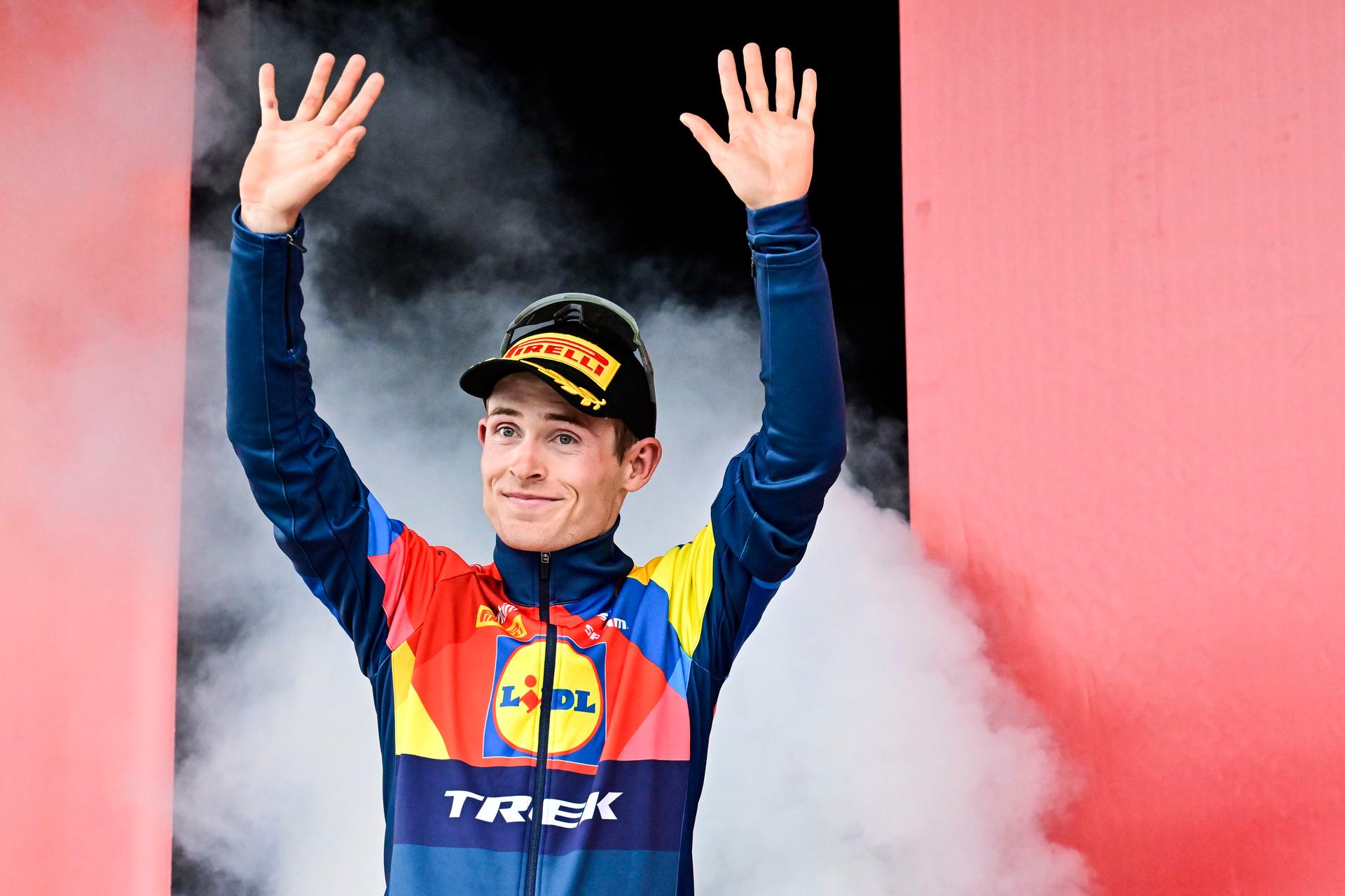 Danish Mattias Skjelmose Jensen of Lidl-Trek celebrates on the podium after winning the men elite 'Amstel Gold Race' one day cycling race, 255,9 km from Maastricht to Valkenburg, The Netherlands, Sunday 20 April 2025. BELGA PHOTO DIRK WAEM