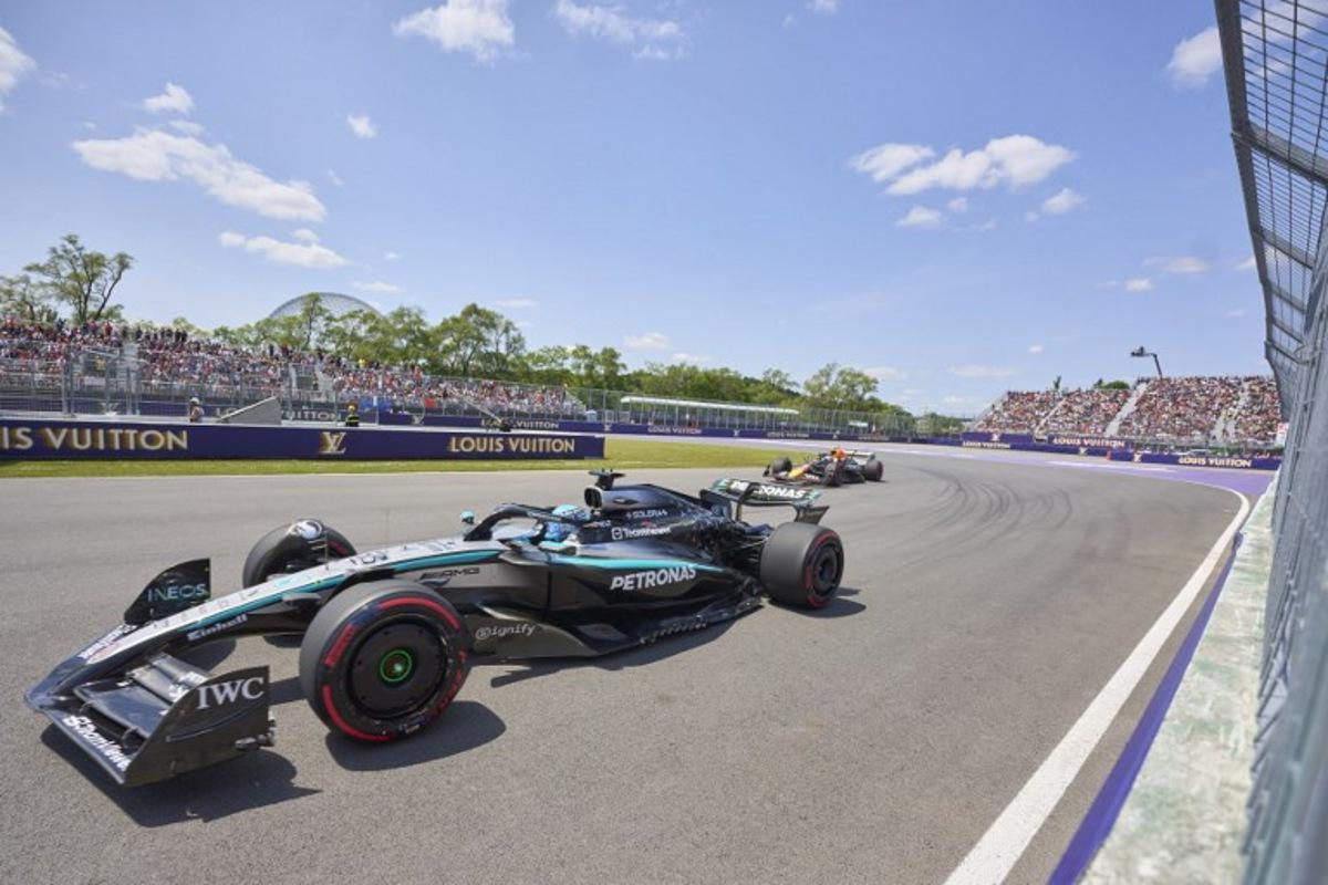 Mercedes' British driver George Russell races during the first practice session for the 2025 Formula 1 Grand Prix du Canada at Circuit Gilles-Villeneuve in Montreal, Canada, on June 13, 2025.   Geoff Robins / AFP
