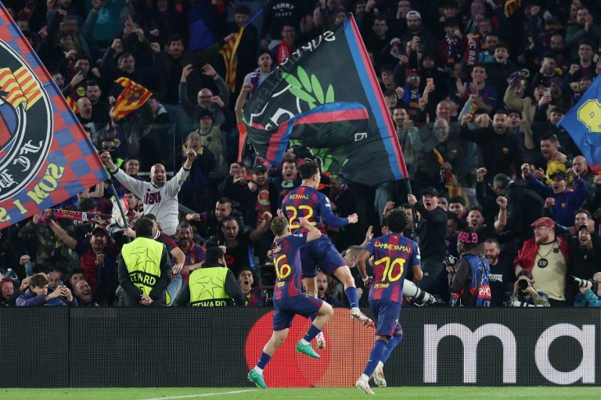 Barcelona's Spanish midfielder #22 Marc Bernal celebrates scoring his team0's second goal during the UEFA Champions League last 16 second leg football match between FC Barcelona and Newcastle United at the Camp Nou stadium in Barcelona, on March 18, 2026.  Lluis GENE / AFP