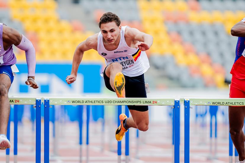 Belgian Zeno Van Neygen pictured in action during the men's 110m hurdles race, at the World Athletics U20 Championships, Thursday 29 August 2024, in Lima, Peru. The world championships take place from 27 to 31 August.  BELGA PHOTO SONYA MALETER