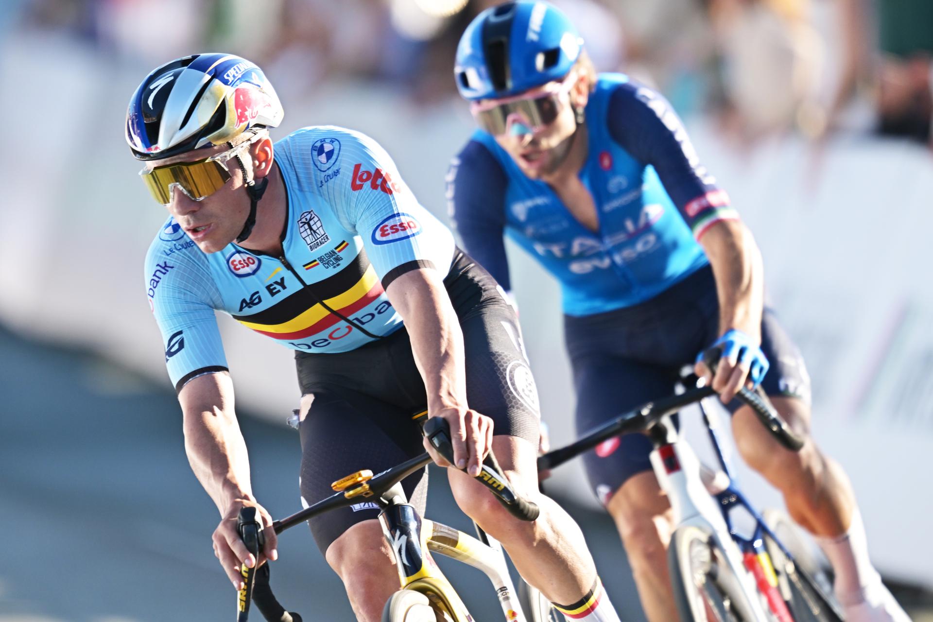 Belgium's Remco Evenepoel and Italy's Giulio Ciccone pictured in action during the elite men Road Race race (196,2 km) at the cycling UEC Road European Championships, in Ljubljana, Slovenia Sunday 4 October 2026. The UEC Road European Championships are taking place from 02 to 07 October in Ljubljana, Slovenia. BELGA PHOTO DAVID PINTENS
