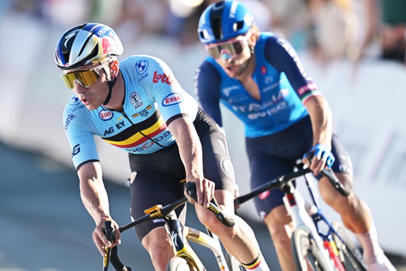 Belgium's Remco Evenepoel and Italy's Giulio Ciccone pictured in action during the elite men Road Race race (196,2 km) at the cycling UEC Road European Championships, in Ljubljana, Slovenia Sunday 4 October 2026. The UEC Road European Championships are taking place from 02 to 07 October in Ljubljana, Slovenia. BELGA PHOTO DAVID PINTENS