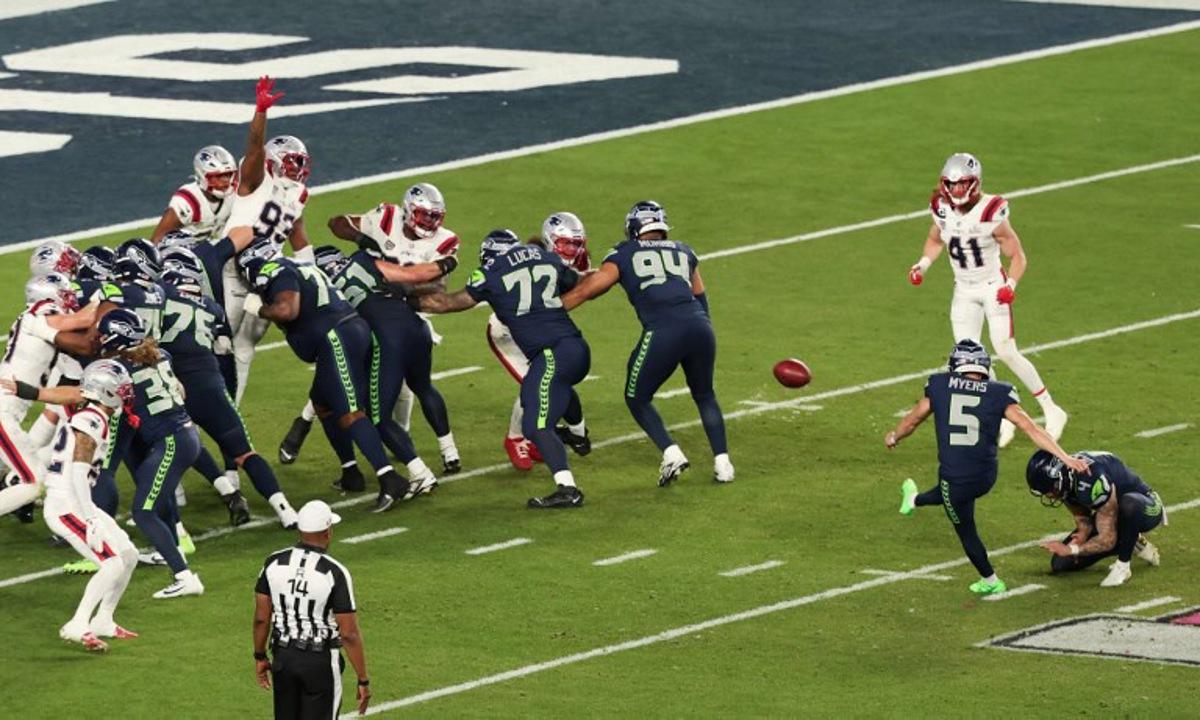 Seattle Seahawks' kicker #05 Jason Myers kicks a field goal during Super Bowl LX between the New England Patriots and the Seattle Seahawks at Levi's Stadium in Santa Clara, California on February 8, 2026.  Patrick T. Fallon / AFP