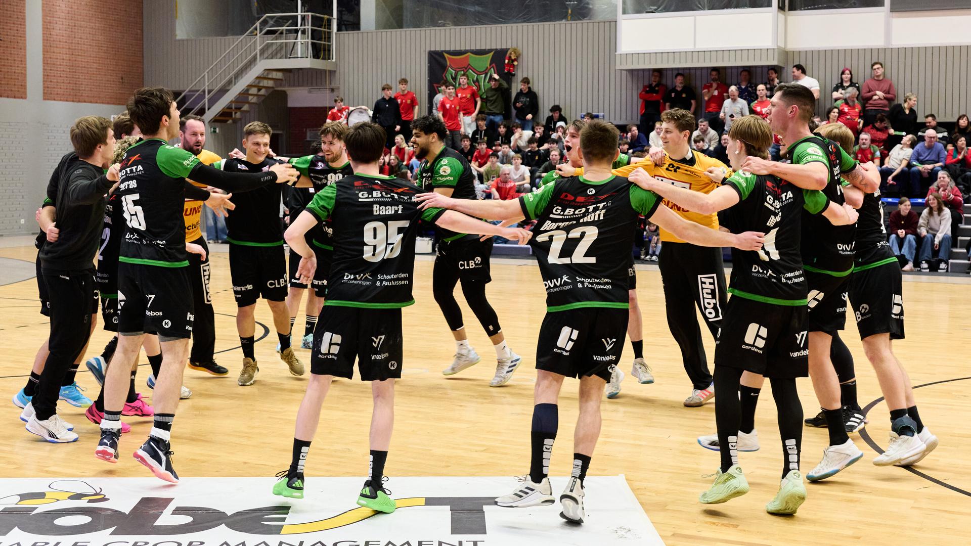 ATTENTION EDITORS - HAND OUT PICTURES - EDITORIAL USE WITH STORY ON HANDBALL ONLY - MANDATORY CREDIT ALAIN DECAMPS  Hand out pictures released by Alain Decamps shows Hubo Handbal players celebrate after a handball game between Biobest Sasja HC and Hubo Handbal, a semi final game in the Belgian handball cup competition, on Saturday 01 February 2025 in Antwerp.  HAND OUT - ALAIN DECAMPS