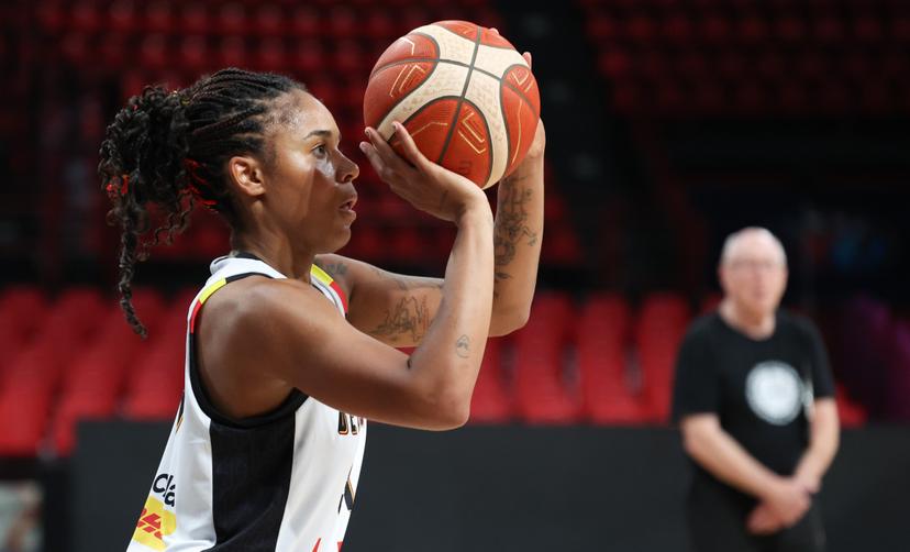 Belgium's Maxuella Lisowa Mbaka pictured in action during a training session of Belgian national basketball team 'the Belgian Cats' on Friday 27 June 2025 in Piraeus, Greece. The team is preparing for tomorrow's game against Italy, in the semifinals of the FIBA Women's EuroBasket 2025. BELGA PHOTO VIRGINIE LEFOUR