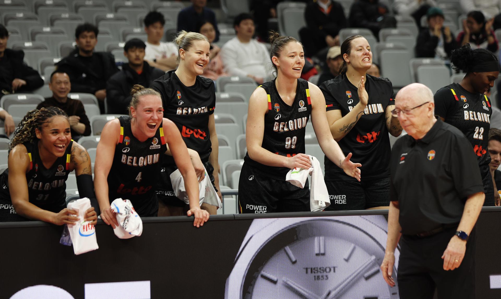 Belgium's Maxuella Lisowa Mbaka, Belgium's Elise Ramette, Belgium's Becky Massey, Belgium's Ine Joris and Belgium's Billie Massey celebrate during a basket game between Brazil and Belgium's national team Belgian Cats, in Wuhan, China, on Wednesday 11 March 2026, the first day (of 5) of the qualifications phase for the World Cup Basket tournament. BELGA PHOTO NIKOLA KRSTIC