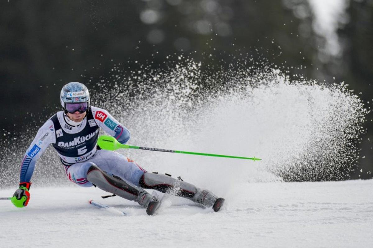 Norway's Timon Haugan competes during the first round of the men's FIS Ski World Cup Giant Slalom final race in Hafjell, near Lillehammer, Norway, on March 25, 2026.   Cornelius Poppe / NTB / AFP