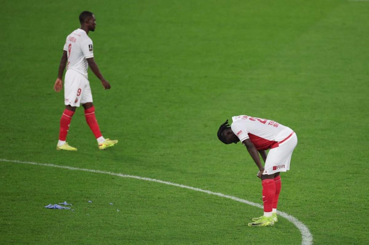 Monaco's Ghanaian defender #22 Mohammed Salisu (R) reacts at the end of the French L1 football match between AS Monaco and Paris FC at the Louis II Stadium (Stade Louis II) in the Principality of Monaco on November 1, 2025.  Valery HACHE / AFP