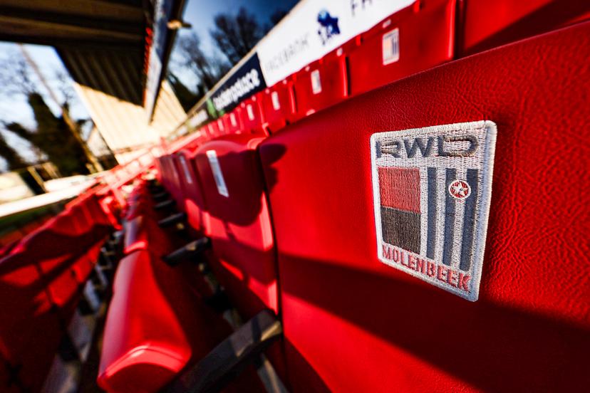 this picture shows the Machtens stadium and the RWDM logo before a soccer game between RWDM Brussels and Lierse SK, Saturday 21 March 2026 in Brussels, on day 31 of the 2025-2026 'Challenger Pro League' 1B second division of the Belgian championship. BELGA PHOTO BRUNO FAHY