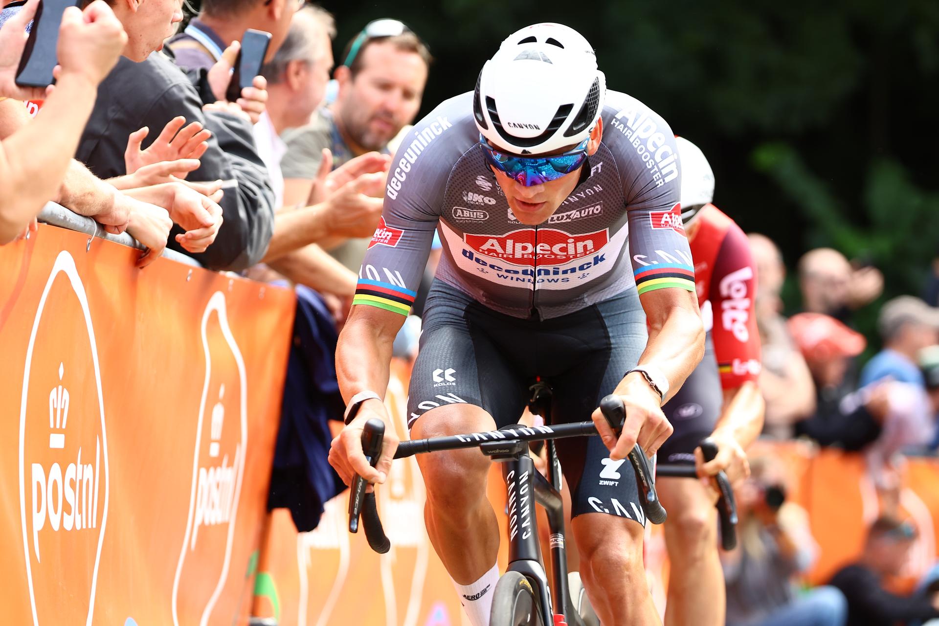Dutch Mathieu van der Poel of Alpecin-Deceuninck pictured in action during the third stage of the 'Renewi Tour' multi-stage cycling race, from Aalter to Geraardsbergen (179,9 km) on Friday 22 August 2025. The five-day race takes place in Belgium and the Netherlands.  BELGA PHOTO DAVID PINTENS