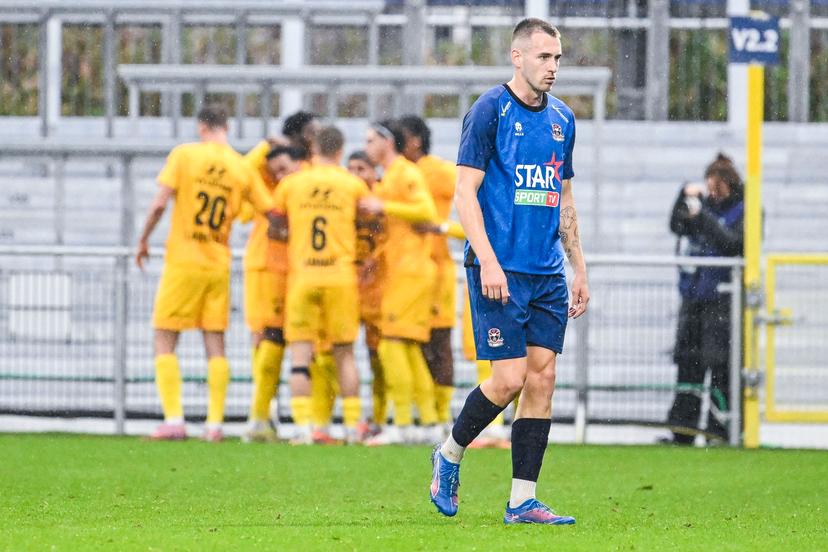 Dender's Roman Kvet looks dejected during a soccer match between FCV Dender EH and KV Mechelen, Sunday 19 October 2025 in Denderleeuw, on day 11 of the 2025-2026 'Jupiler Pro League' first division of the Belgian championship. BELGA PHOTO TOM GOYVAERTS