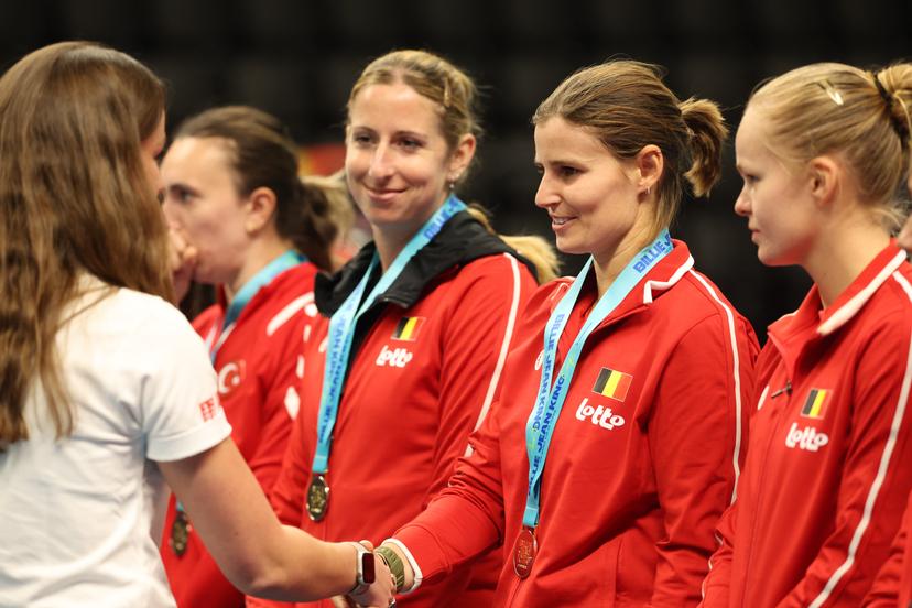 Belgian Greet Minnen  winner of the medal celebrates of the medal ceremony after the Promotion Play-offs between Belgium and France in the Europe/Africa Group I of the Billie Jean King Cup tennis, on Friday 11 April 2025 in Vilnius, Lithuania. PHOTO VIRGINIE LEFOUR