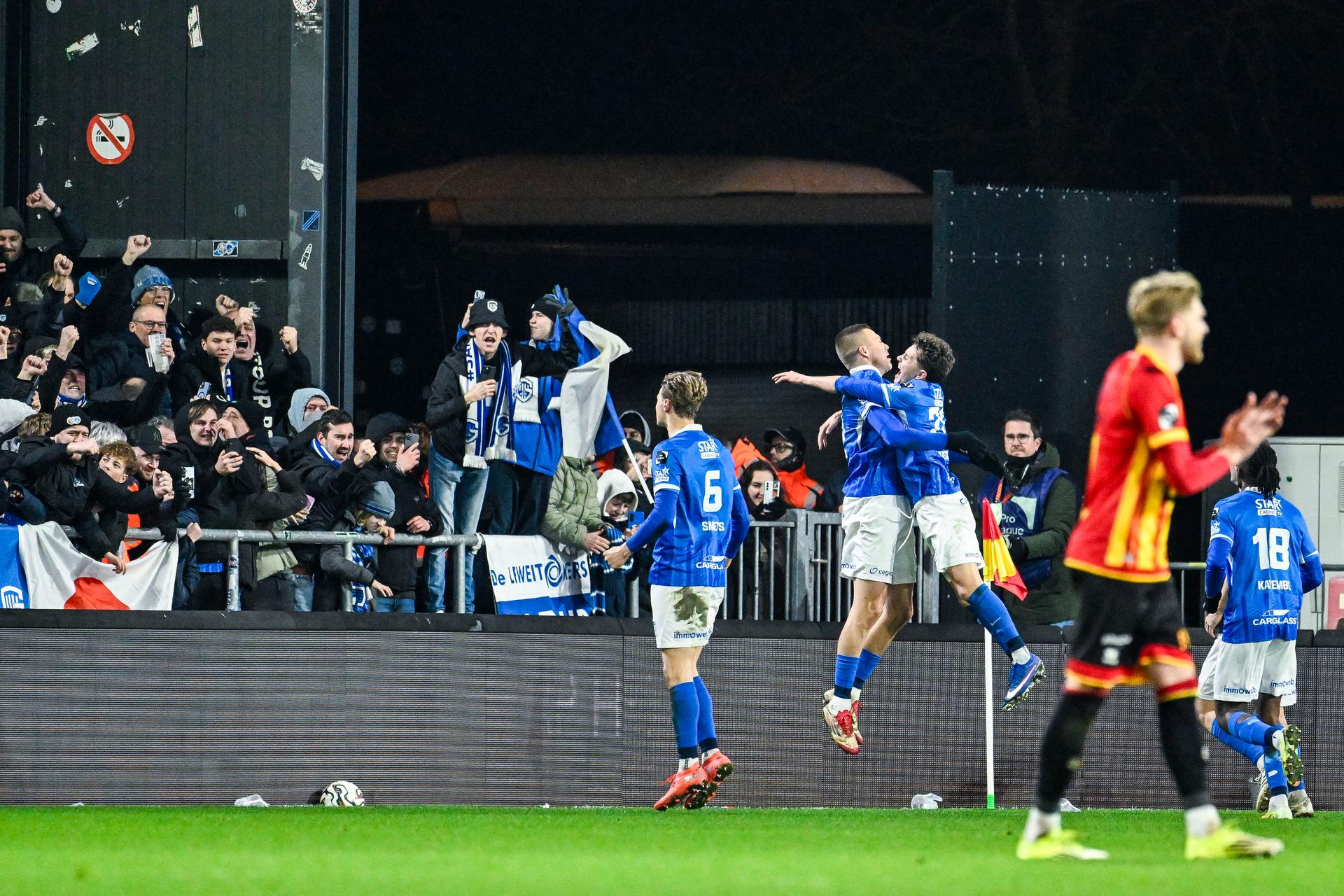Genk's Daan Heymans celebrates after scoring during a soccer match between KV Mechelen and KRC Genk, Friday 13 February 2026 in Mechelen, on day 25 of the 2025-2026 'Jupiler Pro League' first division of the Belgian championship. BELGA PHOTO TOM GOYVAERTS