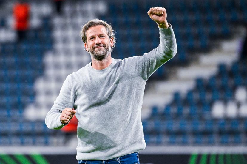 Gent's head coach Rik De Mil celebrates after winning a soccer game between Belgian KAA Gent and Danish Aarhus GF, Thursday 15 October 2026 in Gent, the opening match of the UEFA Conference League league phase. BELGA PHOTO TOM GOYVAERT