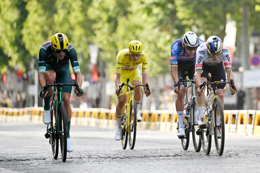 Danish Casper Pedersen of Soudal Quick-Step, Slovenian Tadej Pogacar of UAE Team Emirates-XRG, Dutch Mathieu van der Poel of Alpecin-Premier Tech and Belgian Remco Evenepoel of Red Bull-BORA-hansgrohe pictured in action during stage 21 of the 2026 Tour de France cycling race, a stage of 130km from Thoiry to Paris Champs-Elysees , on Sunday 26 July 2026. The 113th edition of the Tour de France starts on Saturday 4 July in Barcelona, Spain, and will finish in Paris, France on the 26th of July. BELGA PHOTO JASPER JACOBS