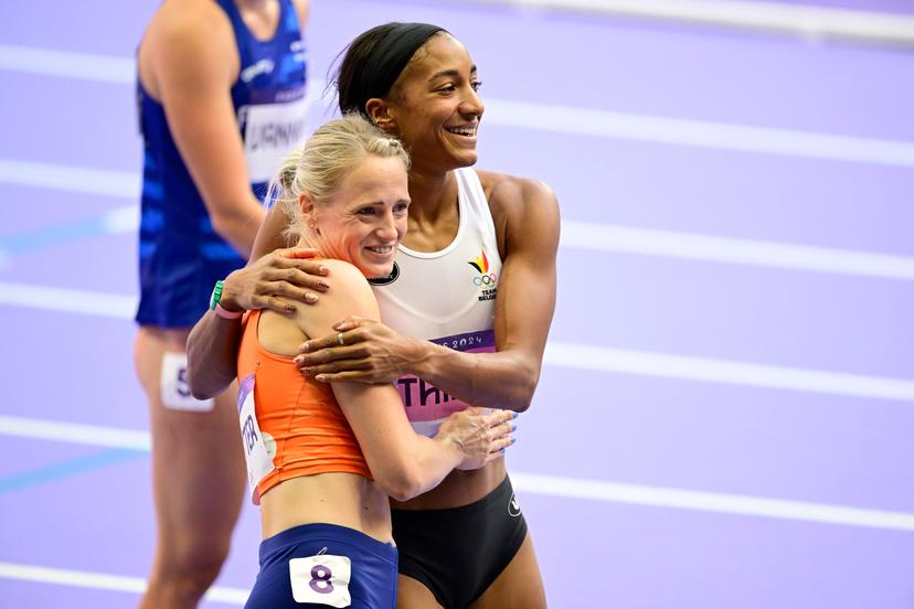 Belgian athlete Nafissatou Nafi Thiam and Dutch Anouk Vetter pictured during the 100m hurdles race, the first event of the women's heptathlon competition at the athletics event at the Paris 2024 Olympic Games, on Thursday 08 August 2024 in Paris, France. The Games of the XXXIII Olympiad are taking place in Paris from 26 July to 11 August. The Belgian delegation counts 165 athletes competing in 21 sports. BELGA PHOTO DIRK WAEM