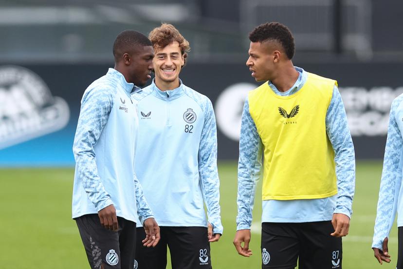 Club's Joel Ordonez, Club's Samuel Gomez van Hoogen and Club's Iyowuna Furo pictured during a training session of Belgian soccer team Club Brugge, in Brugge, on Wednesday 17 September 2025. The team is preparing for a game against French team AS Monaco on Thursday, on the opening day of the League phase of the UEFA Champions League tournament. BELGA PHOTO BRUNO FAHY