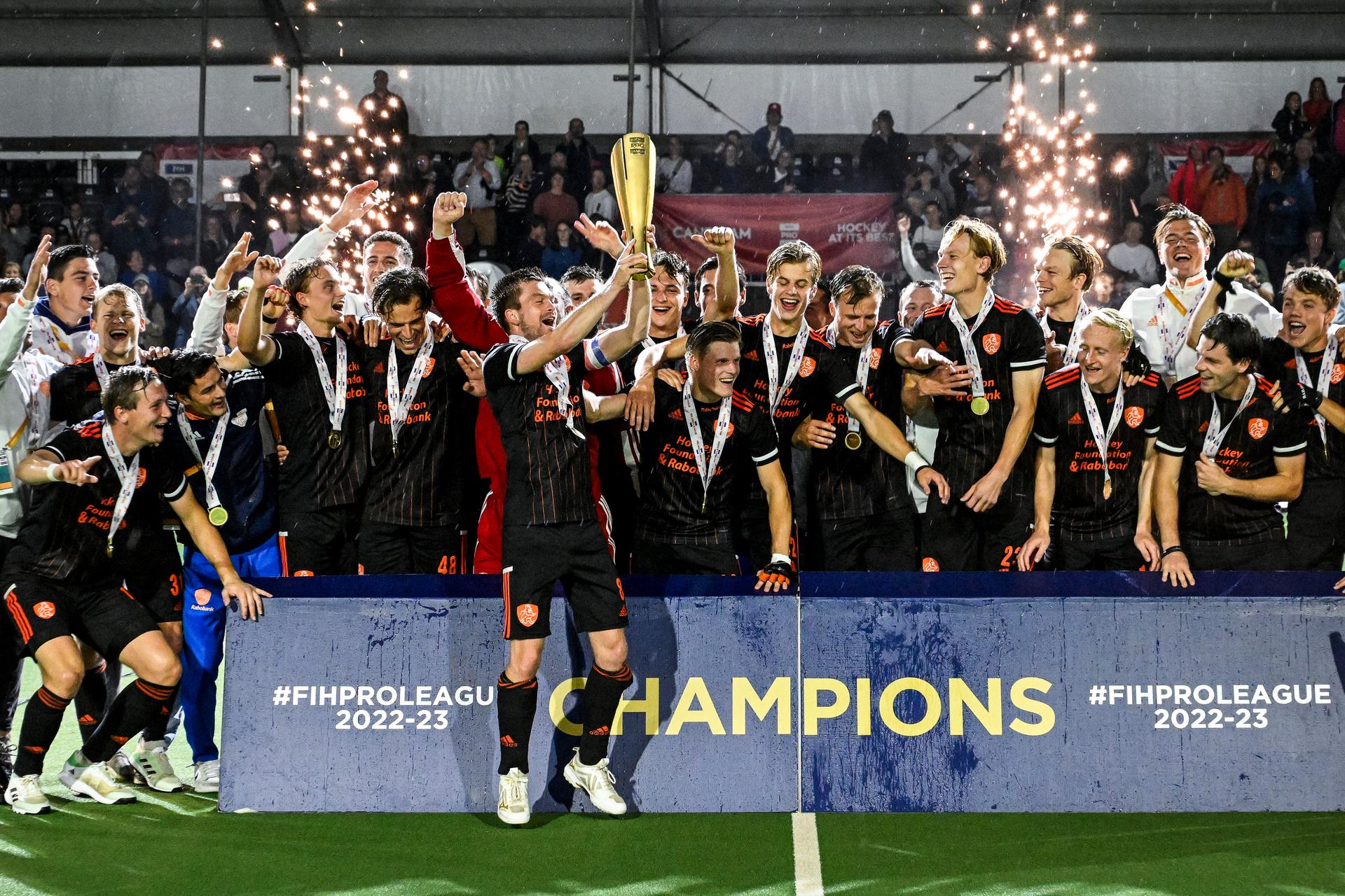 Netherlands' players celebrate with the Pro League trophy after winning a hockey game between Belgian national team Red Lions and Netherlands, match 12/12 in the group stage of the 2023 Men's FIH Pro League, Tuesday 04 July 2023 in Antwerp. BELGA PHOTO TOM GOYVAERTS